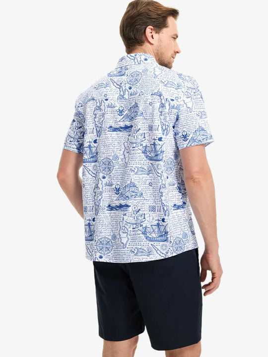 Back half-body view wearing WHITE COMPASS MAP Stylish Printing Summer Shirt.