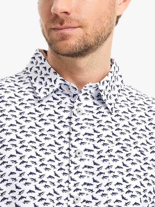 Front view from nose to chest wearing WHITE PURPLE SHARK Stylish Printing Summer Shirt.