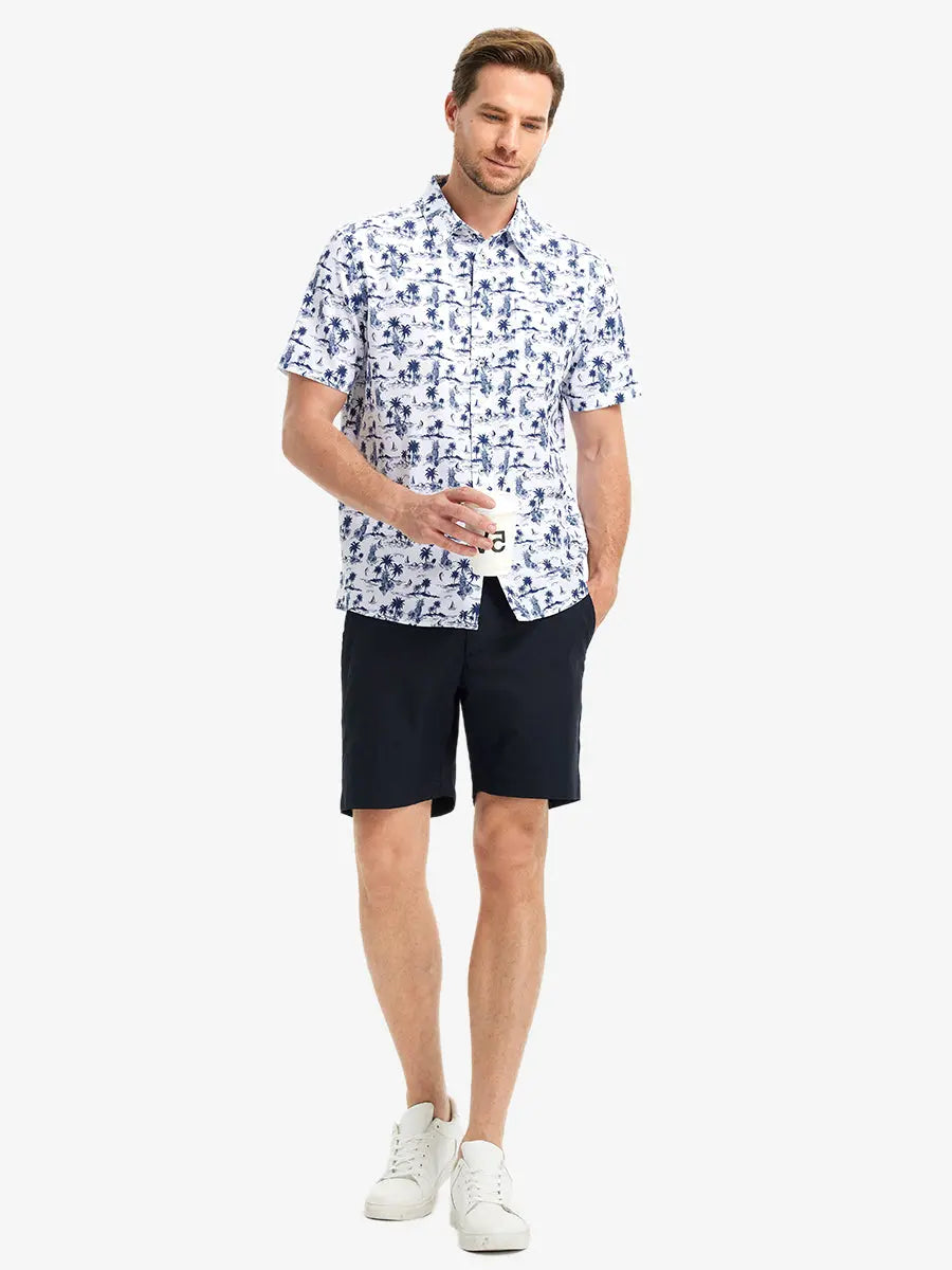 Full-body front view holding a takeaway drink cup, wearing WHITE SAND PINEAPPLE Stylish Printing Summer Shirt.