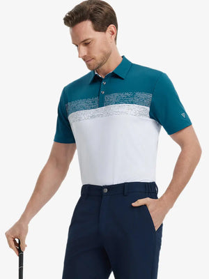 Half-body front shot holding golf club in WHITEDUSTY BLUE Premium Performance Polo