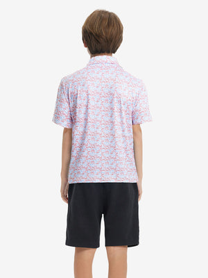 Back upper view of Stylish print boys polo shirts with clean lines and white pizza tone