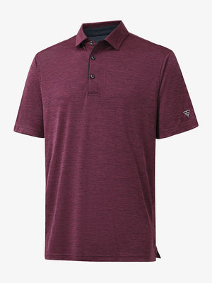 3D view highlighting Modern Fit Melange Polo in WINE HEATHER, showcasing fabric weave and tailored fit.