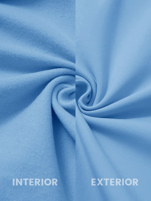 Inside and outer fabric close-up of sky blue ultra-soft brushed fleece lining quarter zip sweatshirt, soft fleece.