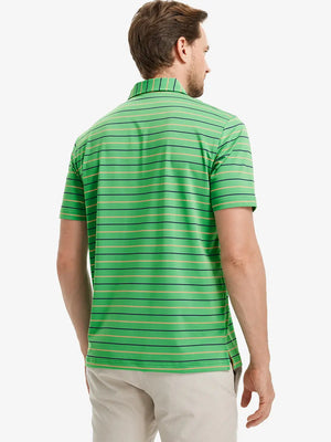 Back half-body view of model wearing GREEN STRIPE Stylish Performance Golf Polo